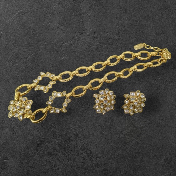 Yves Saint Laurent Vintage Gold Plated Rhinestone Floral Necklace Earring Set - Picture 1 of 2